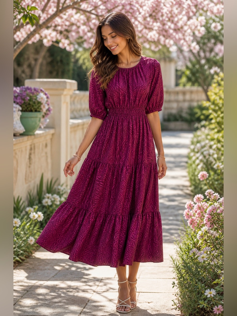 Mott50 Magenta Zebra-Print Tiered Maxi Dress
